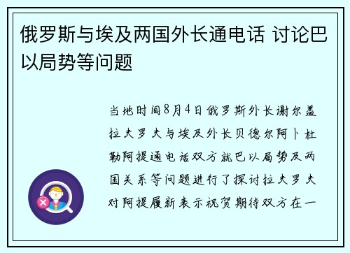 俄罗斯与埃及两国外长通电话 讨论巴以局势等问题